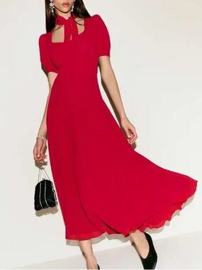 Reformation Vibrant Lipstick Red Chrissie Dress Tie-Front Detail Midi or Maxi
